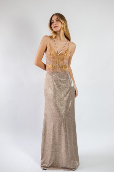 Vestido de mariposa en pedrería color dorado