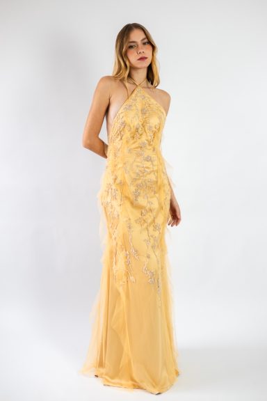 Vestido amarillo pastel y pedreria